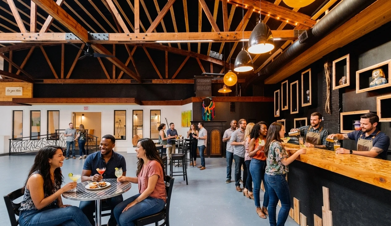 Guests gathering for cocktails at the gallery bar
