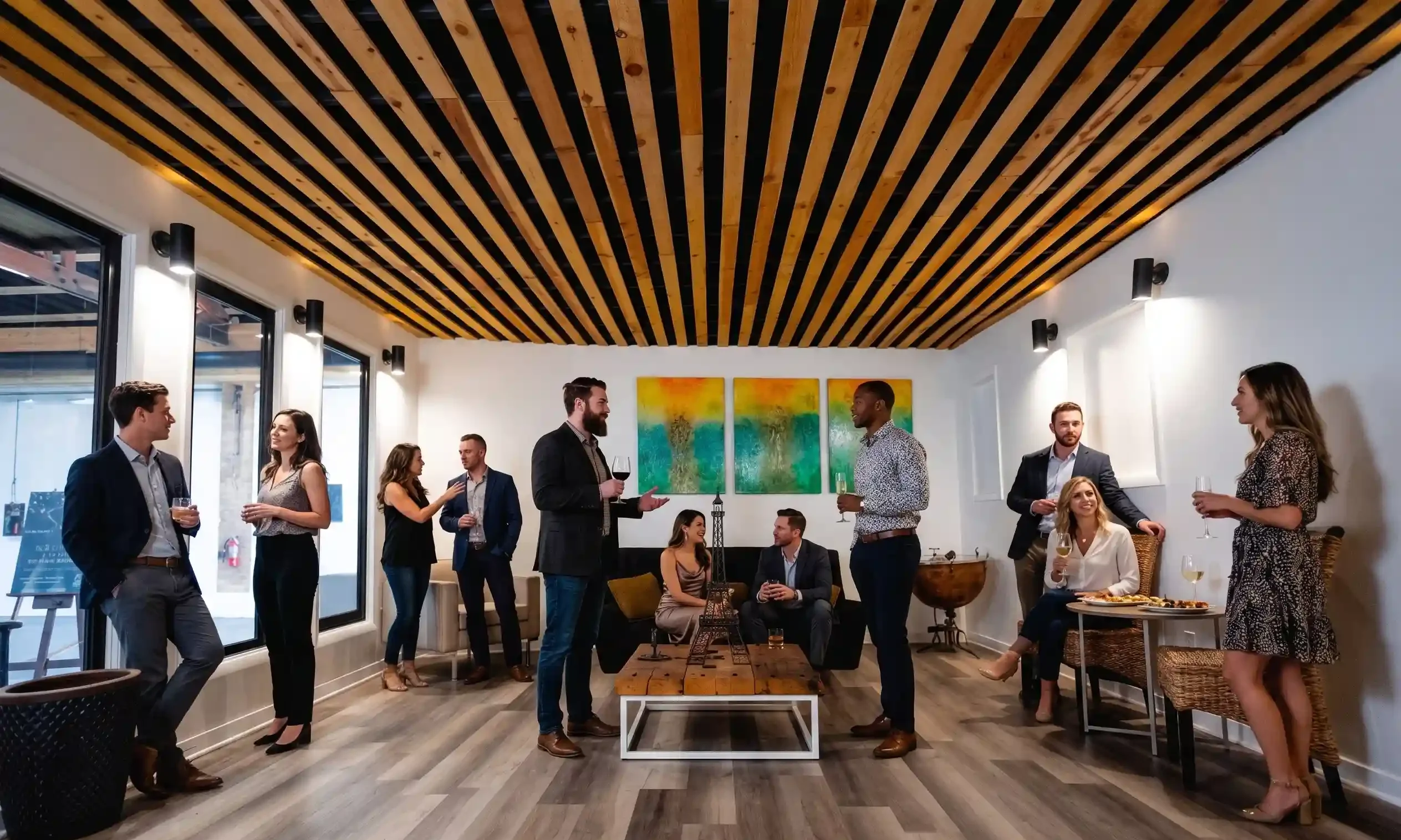 Guests mingling with drinks in the art-filled private lounge